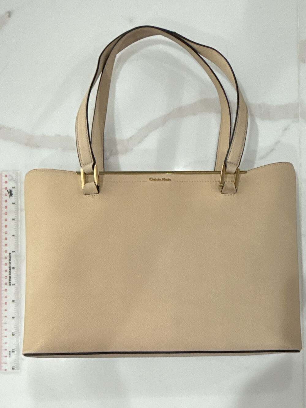 Calvin Klein Saffiano Leather Tote Handbag Beige Nude